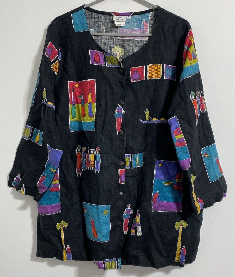 Hot Cotton Shirt Women's XL 100% Linen Button Front Colorful Dopamine Ethnic